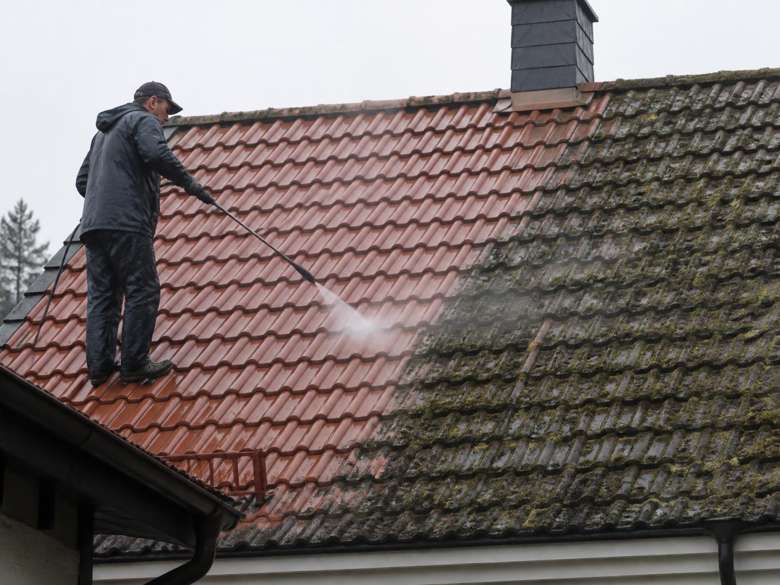 Dachreinigung mit Hochdruck: halb gereinigtes Ziegeldach, rechts noch Moosbewuchs