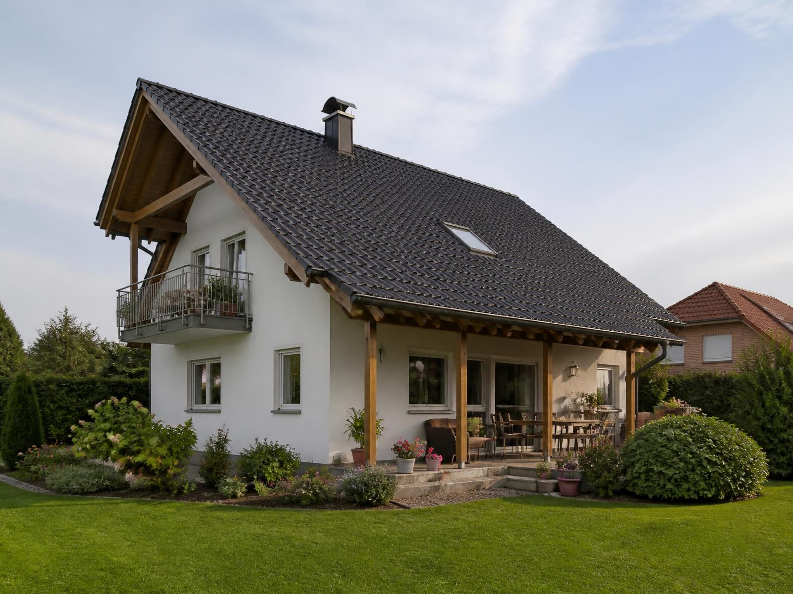 Einfamilienhaus mit gleichmäßig beschichtetem, dunklem Dach
