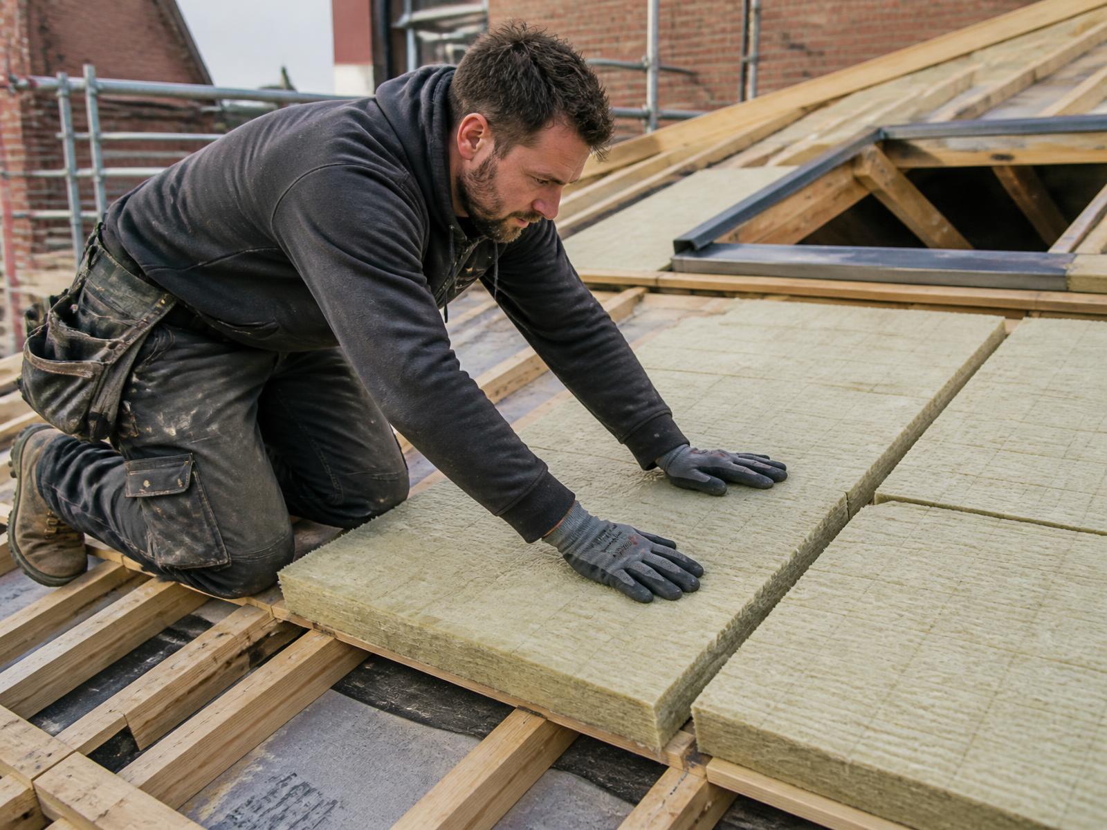 Handwerker verlegt Dämmplatten auf einem Dach im Bestand